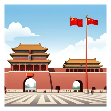 Tiananmen Square in Beijing with traditional Chinese architecture gate, sunny day, travel landmark illustration sticker