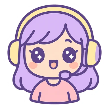 cute streamer girl emoji, purple and yellow color palette, big eyes, headphones, cheerful expression, kawaii style details sticker
