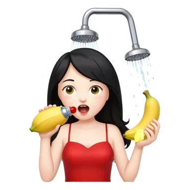 a girl with black hair and red dress with opened mouth drinking pale yellow water coming out from a shower looking like a banana above her head sticker