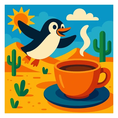 A penguin flying in the desert next to a big cup of tea, vibrant and playful style sticker