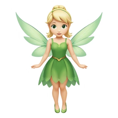 Tinkerbell fairy from hips up, green dress, blonde hair, wings, minimal style, larger size sticker