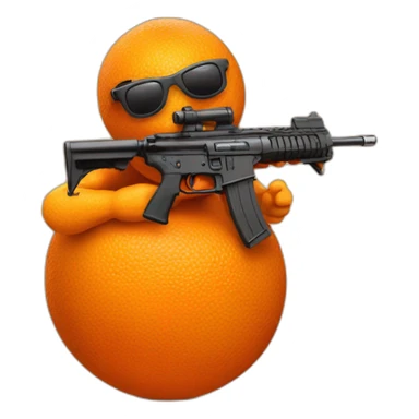 an orange with sunglasses and a machine gun, insist on the orange part sticker