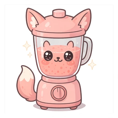 full-body kawaii pastel pink blender with fox features, transparent body filled with fruity smoothie, sparkling eyes, transparent background sticker