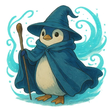 ghibli style penguin wizard with a flowing cloak and magical aura sticker
