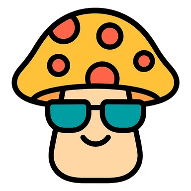 colorful icon of a mushroom with sunglasses and a smile sticker