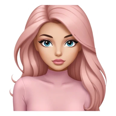 Glamours, tanned, very beautiful girl, with big pump peach-beige-rose lips, long long lashes, black straight smooth silky long hair, straight parting hair, blue-grey eyes in light pink long-sleeves bodysuit sticker