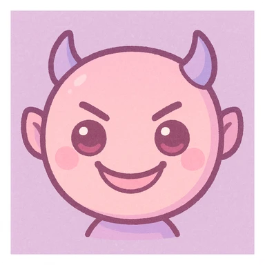 devil emoji, chibi style, pastel palette with pink and lavender colors, small horns, mischievous grin sticker