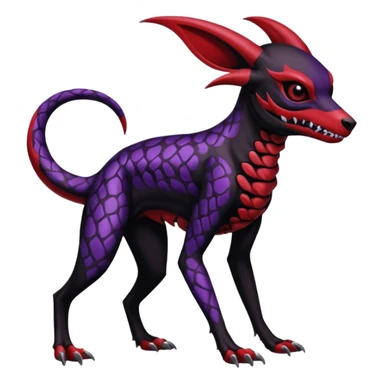 Gothic Black red purple Scaley Exotic Salandit-Umbreon-Noibat-Houndoom-Fakémon-hybrid-creature (full body), 4 legs, skull face mask sticker