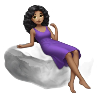 a girl black hair laying back on stone with purple dress sticker