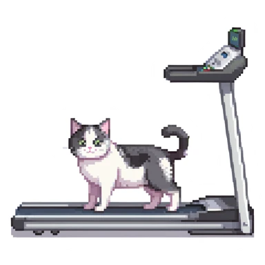 black and white cat on a treadmill in a gym sticker