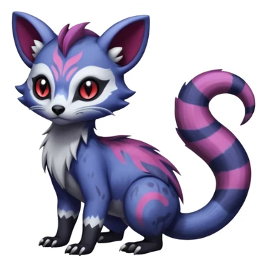Rare warm-colored exotic gloomy tropical edgy cute epic aesthetic spooky indigo purple white black red gothic colorful Salandit-Furret-Espurr-Meowstic-Civet-species-Fakemon-hybrid-creature, with tribal tattoo markings, full body sticker
