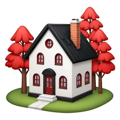 Dom parterowy z czarnym dachem i biała elewacją ze wstawkami z czerwonej cegły.Na drugim planie las. sticker