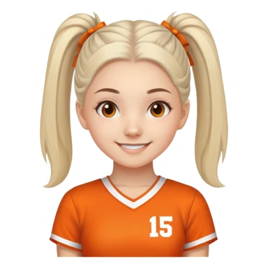 - Nữ
- 15 tuổi
- Da trắng
- Tóc buộc gọn gàng
- thân thiện ,xinh, cười mỉm
- Mặc áo cổ vũ cam
- ảnh chân dung, không cần tay sticker