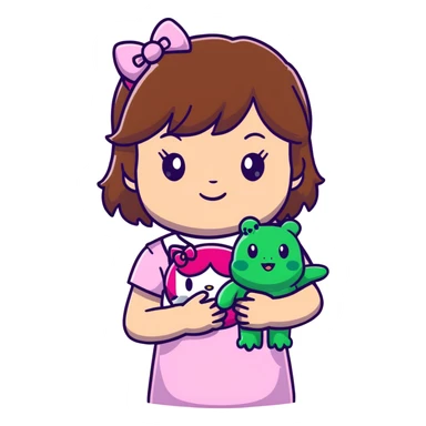 Cute cool girl with brown hair and bangs, and Brown eyes, wearing pink hello kitty and holding a frog stuffy  sticker