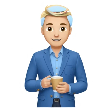 Confident and outgoing male entrepreneur, Caucasian features, blonde hair, big friendly smile, expressive eyes, defined eyebrows, wearing a blue blazer over a light blue shirt, holding a smartphone in one hand and a coffee cup in the other, waist-up, front-facing sticker