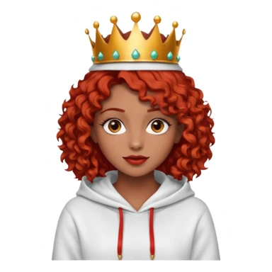 Slim girl with a fine face, dark chocolate-colored and tanned skin, medium-length curly tomato-red hair, dark eyes, medium-thick eyelashes, and a crown and hoop earrings wearing a white hooded sweatshirt.
 sticker