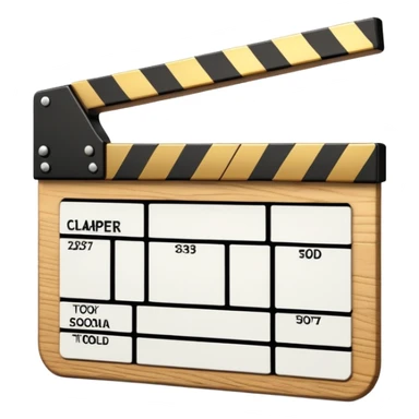 film clapper board with gold top section, white bottom section, and a bold diagonal line sticker