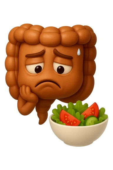 EMOJI STILE IPHONE DI UN INTESTINO UMANO ANATOMICO CHE GUARDA UN INSALATA CON ESPRESSIONE TRISTE E RASSEGNATA IN VOLTO: SOFFRE LA FAME PERCHé è A DIETA, FAGLI ANCHE LA PARTE BIANCA DEGLI OCCHI, NON SOLO LE PUPILLE, IPERREALISTICO 4K sticker