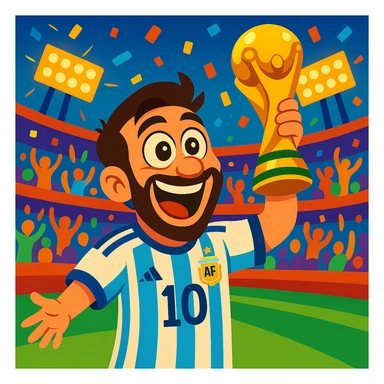 Make Messi look even more cartoonish and exaggerated, with larger eyes and expressive features, holding the World Cup trophy, vibrant colors, football stadium background. sticker