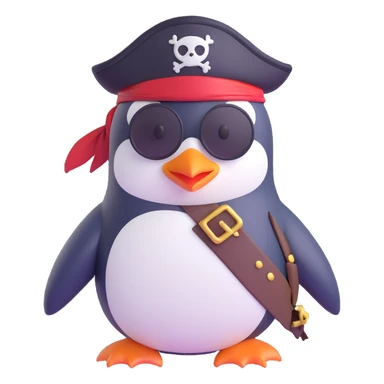 a penguin dressed as a pirate, with an eyepatch and pirate hat sticker