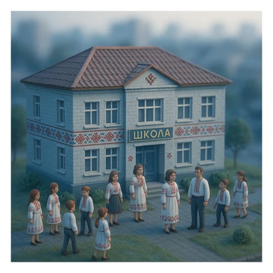 3D tilt-shift diorama of a Ukrainian school, embroidery motif, featuring students and teachers. Cool morning light, dreamy and calm mood, blurred cityscape background. sticker