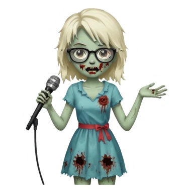singer, Zombie girl, super happy, wearing dress, holding mic, glasses sticker