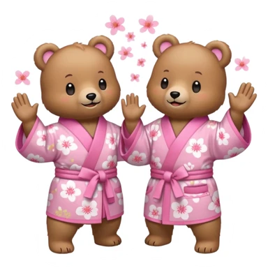 Two cute light-brown bears wearing pastel pink sakura-patterned kimonos, normal balanced body ratio.  
Facing each other and giving a joyful high-five with happy smiling faces and small spark effects.  
Kawaii emoji style, minimalistic clean sticker illustration, white background. sticker