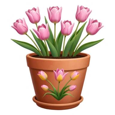 pink tulips in a plant pot in terra cota with white and pink flowers hand painted on the pot  sticker