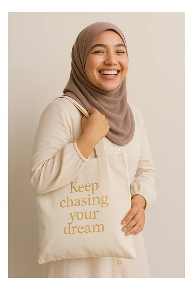 A cheerful hijabi girl, holding a tote bag with the phrase 'keep chasing your dream' written in soft gold text. She looks beautiful and happy. sticker
