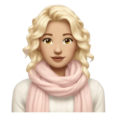 pretty blonde white woman with vanilla girl vibes, wearing a white lace shirt with a soft pastel pink winter scarf and her hair is decorated with soft pastel sweet vibes ribbon sticker