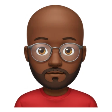 bearded black bald man with eyeglasses with red shirt sticker