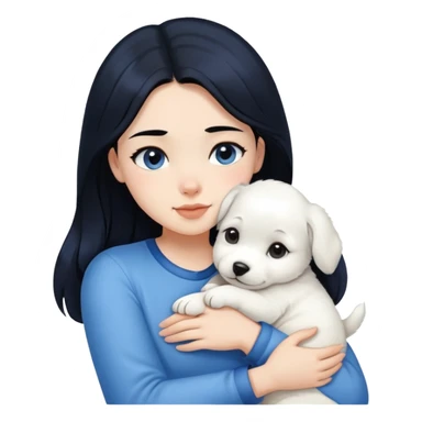 One black hair girl in velvet blue shirt hugging pure white puppy sticker