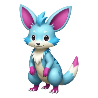 Shiny smooth silky soft Cyan-Magenta Minccino-Zeraora-Emolga-Vernid-Sergal-fusion-hybrid-animal-creature, full body sticker