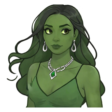 A woman with dark light skin tone and black long hair and green siren eyes sticker