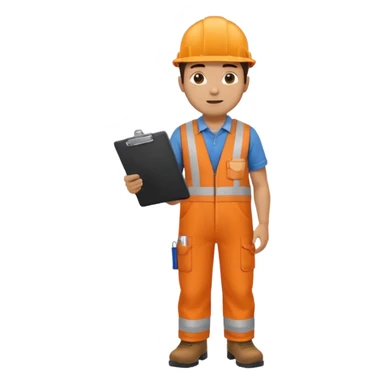 Male railway engineer orange overalls, boots holding a clipboard in one hand sticker