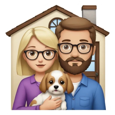 Blond girl with brown haired bearded man wearing glasses holding a puppy with a front door behind them sticker