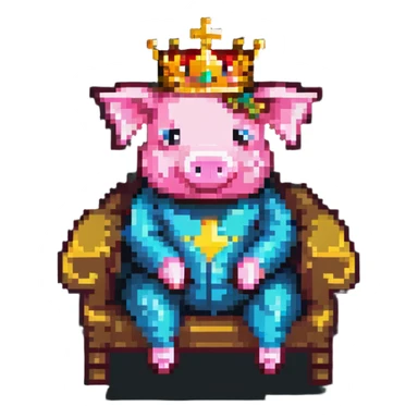cartoon-like pixel art pig with a golden crown sitting on a throne, blocky and square like Minecraft, styled to look like LEGO Duplo blocks, chunky, colorful, simple sticker