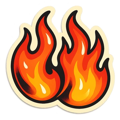retro sticker style illustration of a double flame, two flames side by side, bold outlines, expressive shadows, glossy highlights, lively and dynamic flames sticker