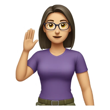 a caucasian brunette female, wearing a purple t-shirt and glasses, making the military salute gesture with one hand next to her head and the other one on her waist sticker