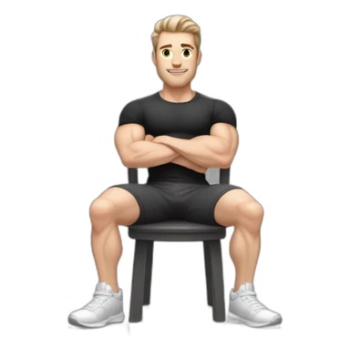 Pale skinned Fit Man With the biceps and dark brown hair in black shirt, gray sports shorts and white Sneakers Sitting on a chair sticker