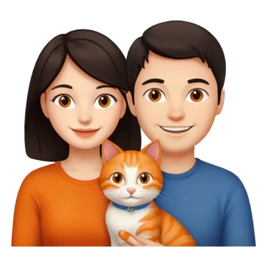 man and woman with dark hair, orange cat sitting between them sticker