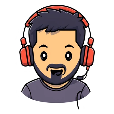 Animated happy man with black hair, brown eyes, black beard, gaming headset sticker