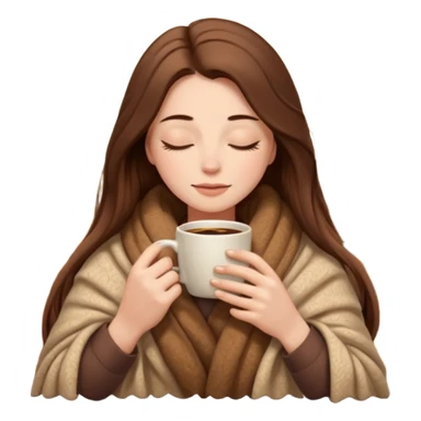 long brown hair woman closed eyes hiding under a cozy wool beige blanket, holding cup of coffee, autumn mood sticker