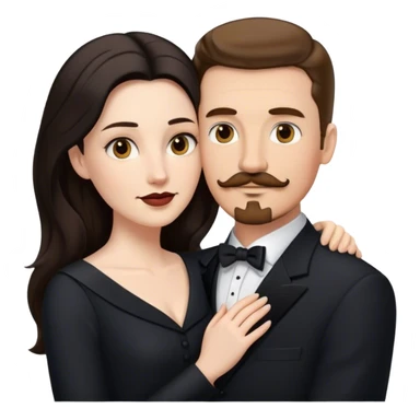 couple portrait, tall white man with brown hair goatee mustache embracing a pale woman with long black hair, wearing formal clothing sticker