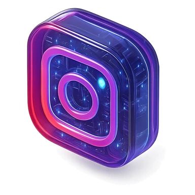 Instagram icon with glossy circuit theme, blue glowing accents, transparent background sticker