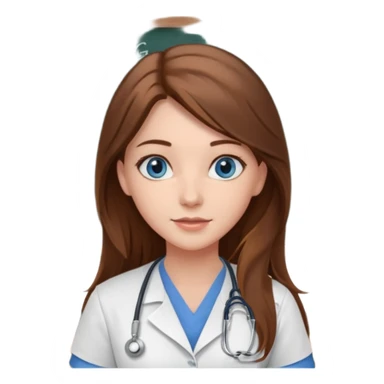 university classroom that says nursing school on the blackboard with a pretty female nursing student with long brown hair, blue eyes sticker