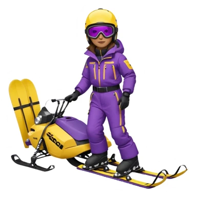 Brown hair, ski-doo jacket and pants ski doo boots helmet and goggles, dark purple sled sticker