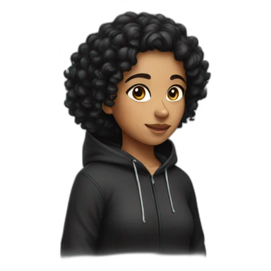 indian girl with black curly hair wearing a black hoodie sticker
