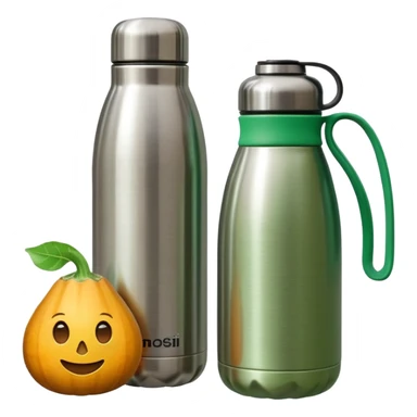 thermal water bottle next to a stainless steel cup with a tereré gourd inside, emoji style sticker