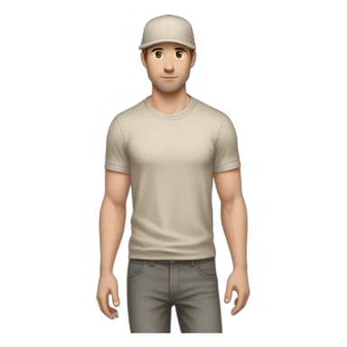 Pale skinned fit Man with dark brown hair in a beige cap, gray jeans, brown polo and white T-shirt keeping a pasted with tape white box into his hands sticker